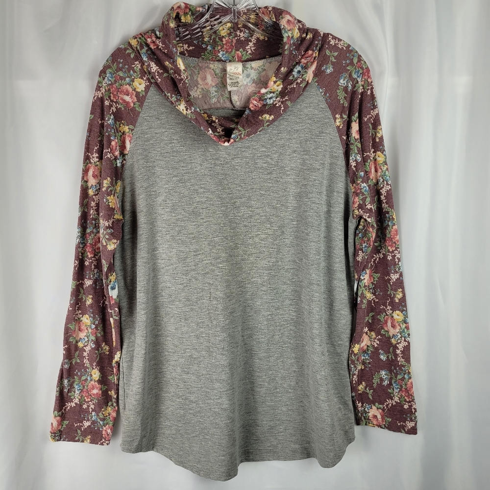 7th Ray Gray Purple Floral Cowl Neck Long Sleeve Sweatshirt Top Women Size Large